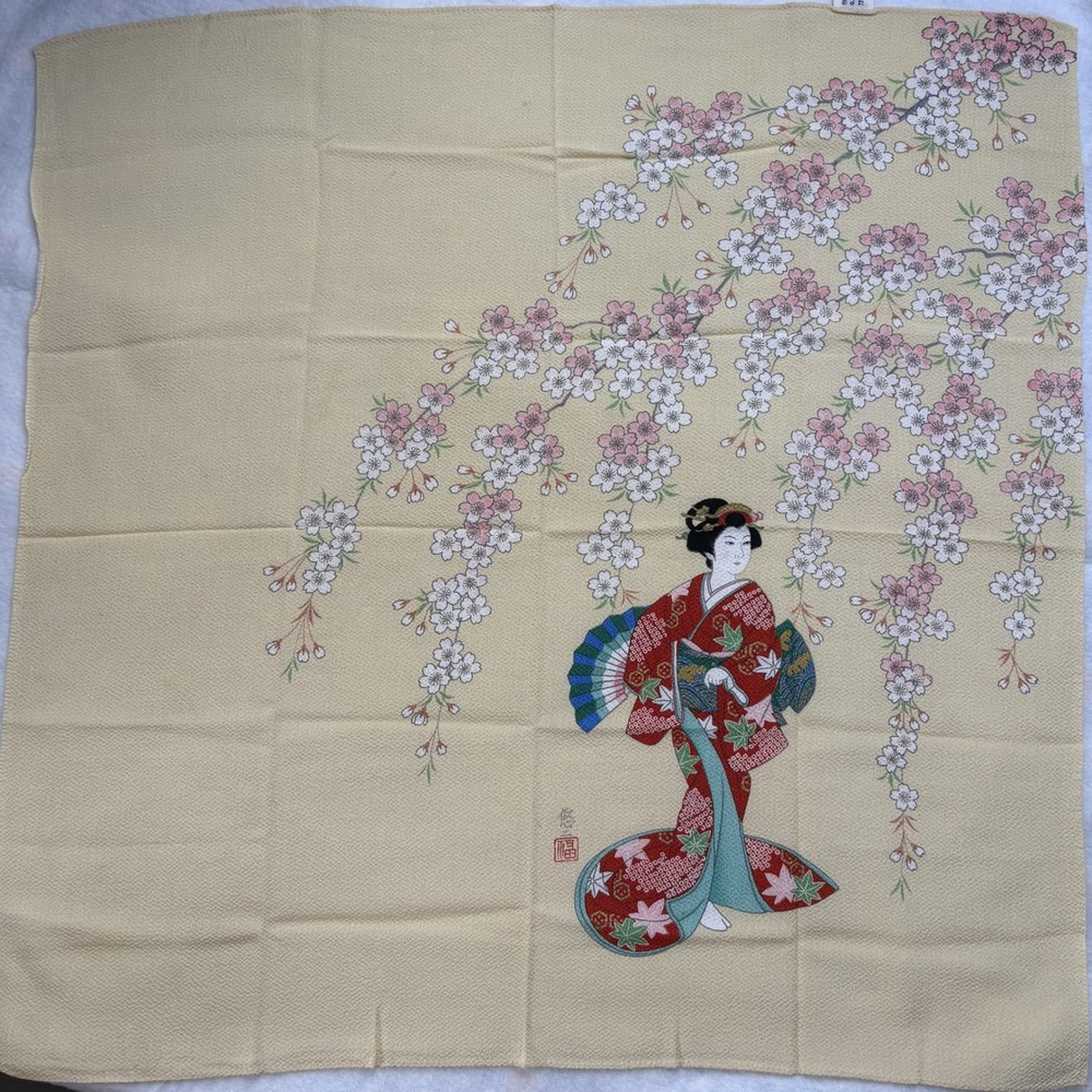 Scarf Geisha Cherry Blossom Silk Crepe Yellow Japanese Fashion Accessory 26"